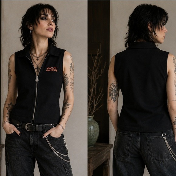 Harley-Davidson Sweaters - Harley Davidson Vest Women's XL Full Zip Sleeveless Sweater V Neck Black